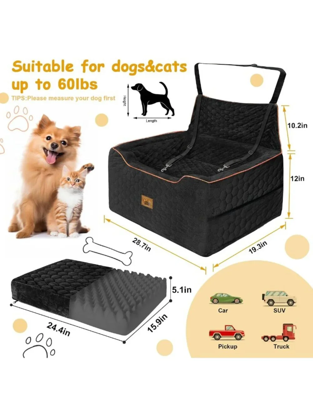 Washable Dog Car Seat for Medium/Large Dogs, Booster Seat with Safety Leashes